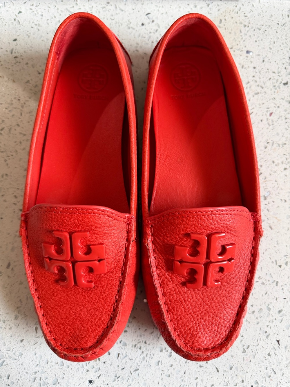 Tory Burch Red Orange Leather Logo Driving Loafers